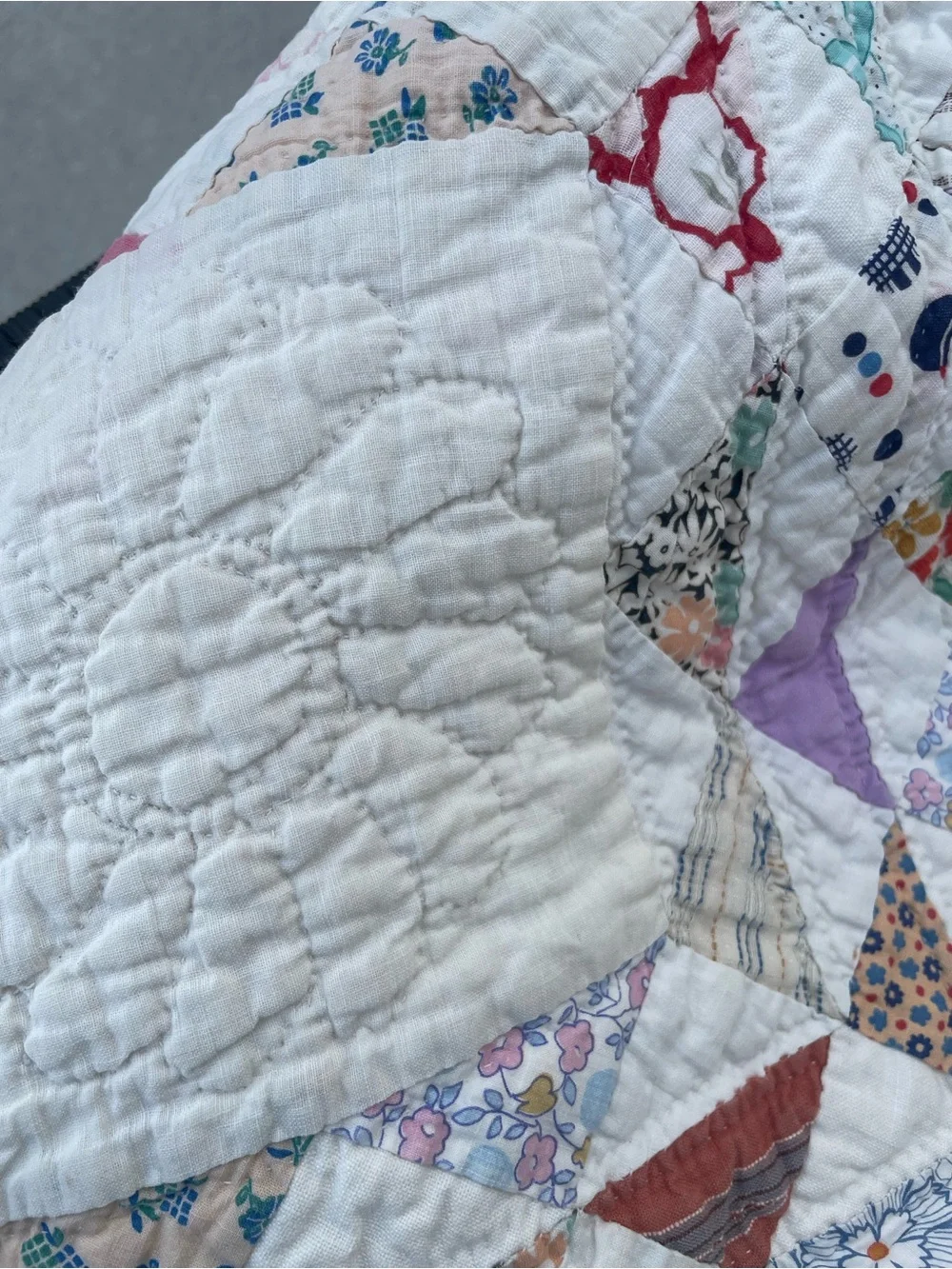 Vintage Feedsack Ocean Wave Quilt Hand Quilted 82x70 Cottage Farmhouse